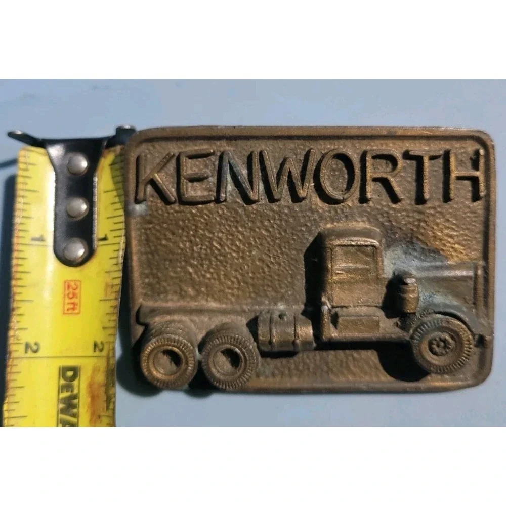 1975 Heavy Solid Brass Kenworth Belt Buckle 1/2 Pound. Nice Patina Rare